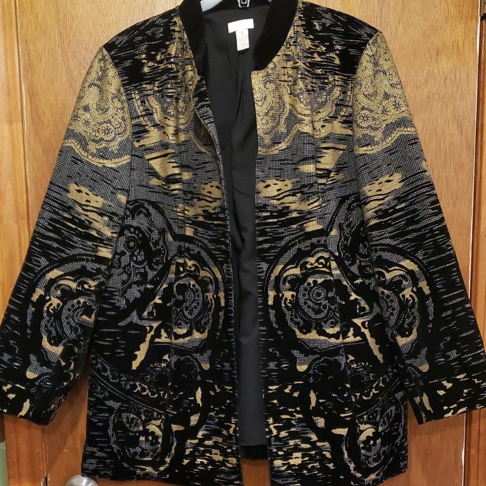 Chico's Black Velvet Overlay On Gold/Tan Patterned Blazer.